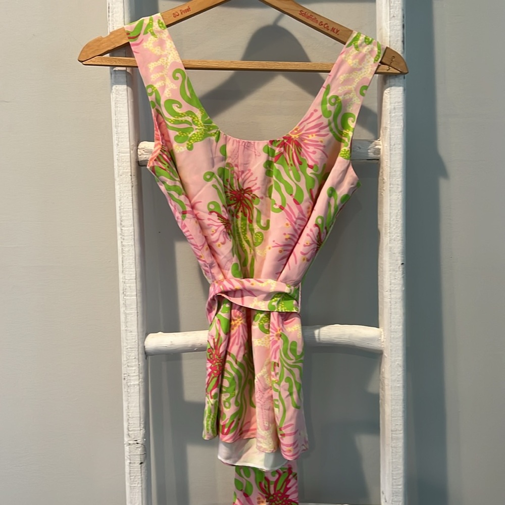Lilly Pulitzer cedar pink and Green silk belted Patterned Top size 0 - Picture 9 of 13